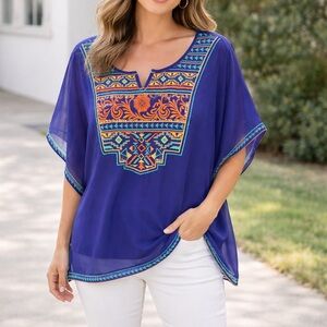 Flying Tomato Purple Embroidered V-Notch Sheer Tunic Top Boho Ethnic Aztec L